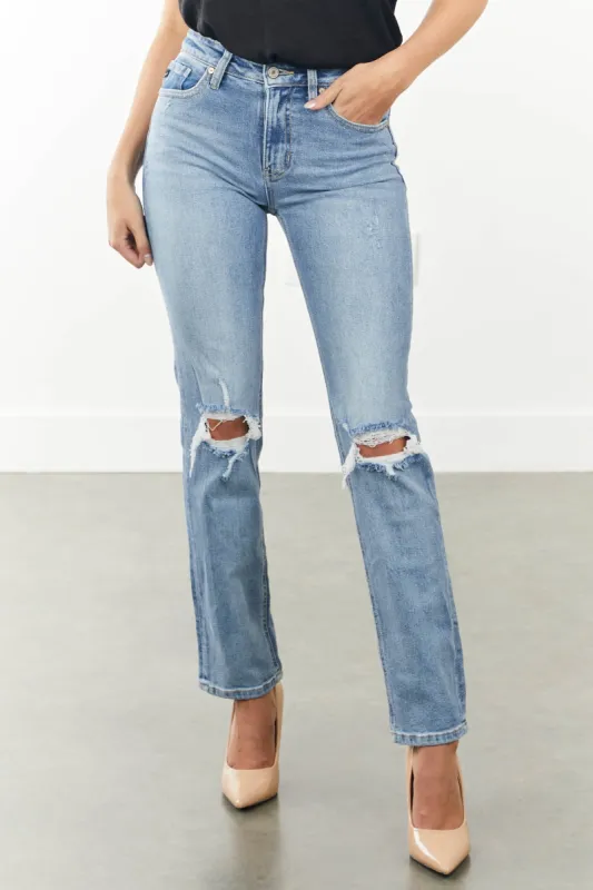 KanCan Light Wash Distressed Knee Straight Leg Jeans sold by Lime Lush