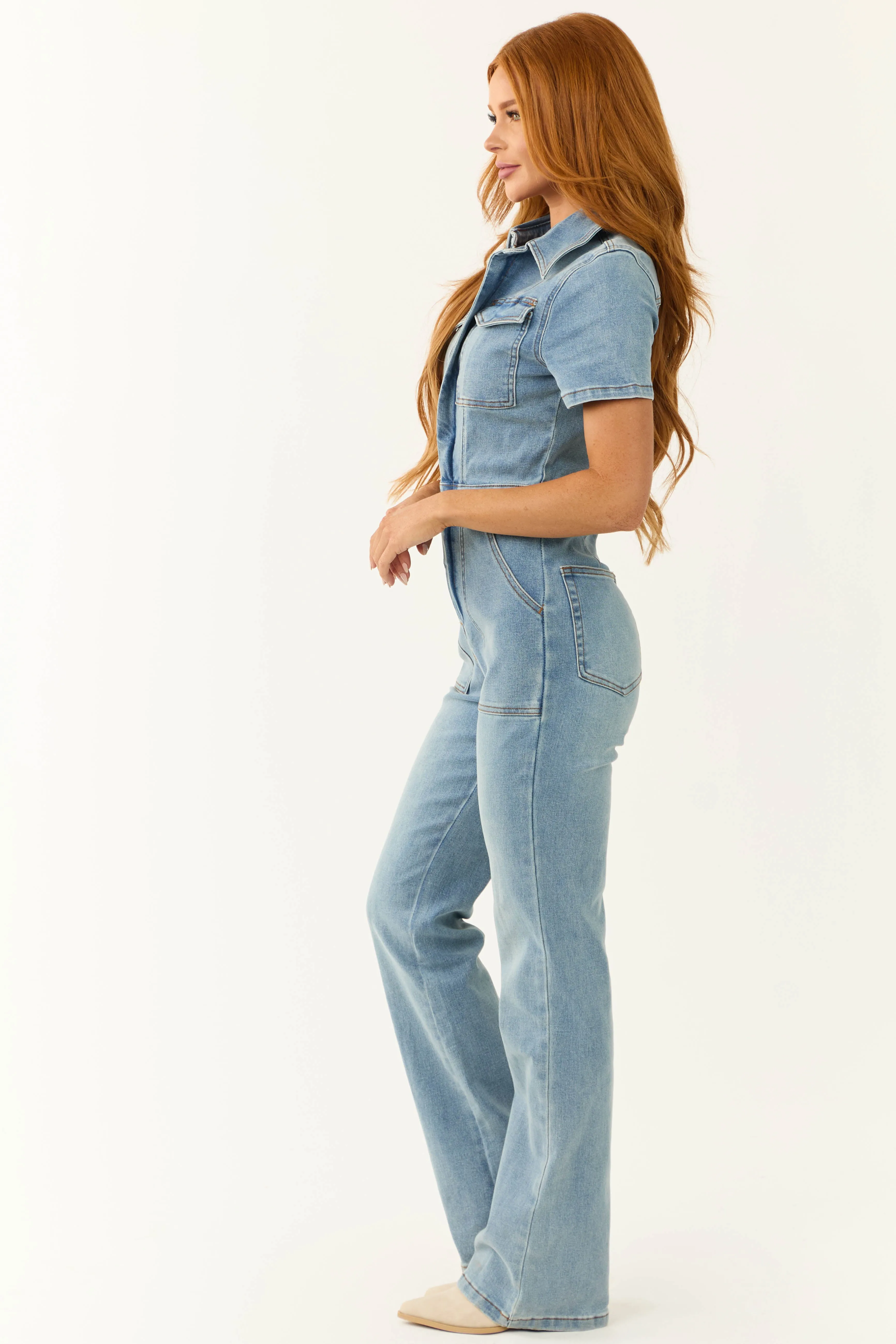 Medium Wash Denim Zip Up Short Sleeve Jumpsuit sold by Lime Lush product image thumbnail 4