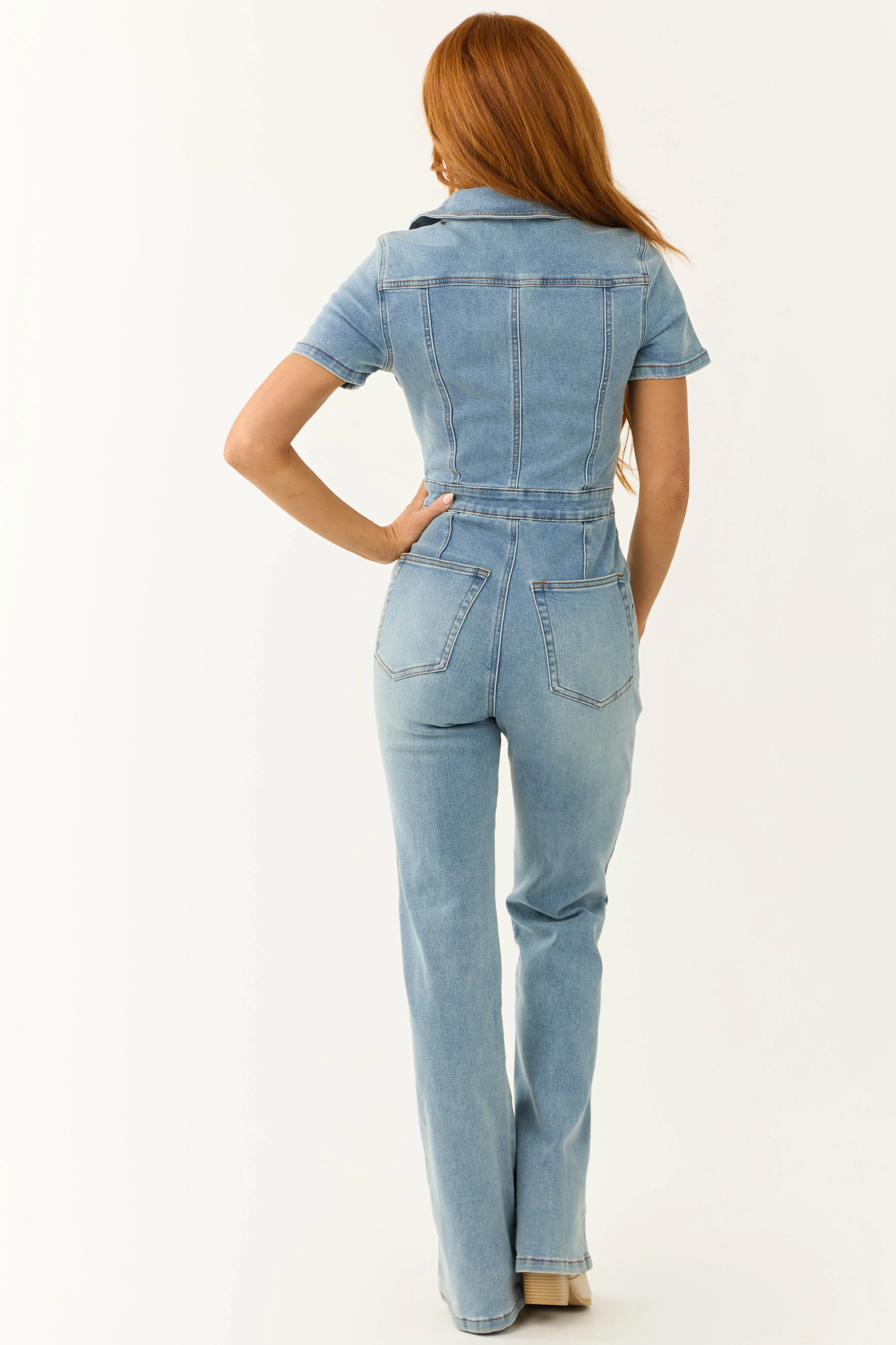 Medium Wash Denim Zip Up Short Sleeve Jumpsuit sold by Lime Lush product image thumbnail 5