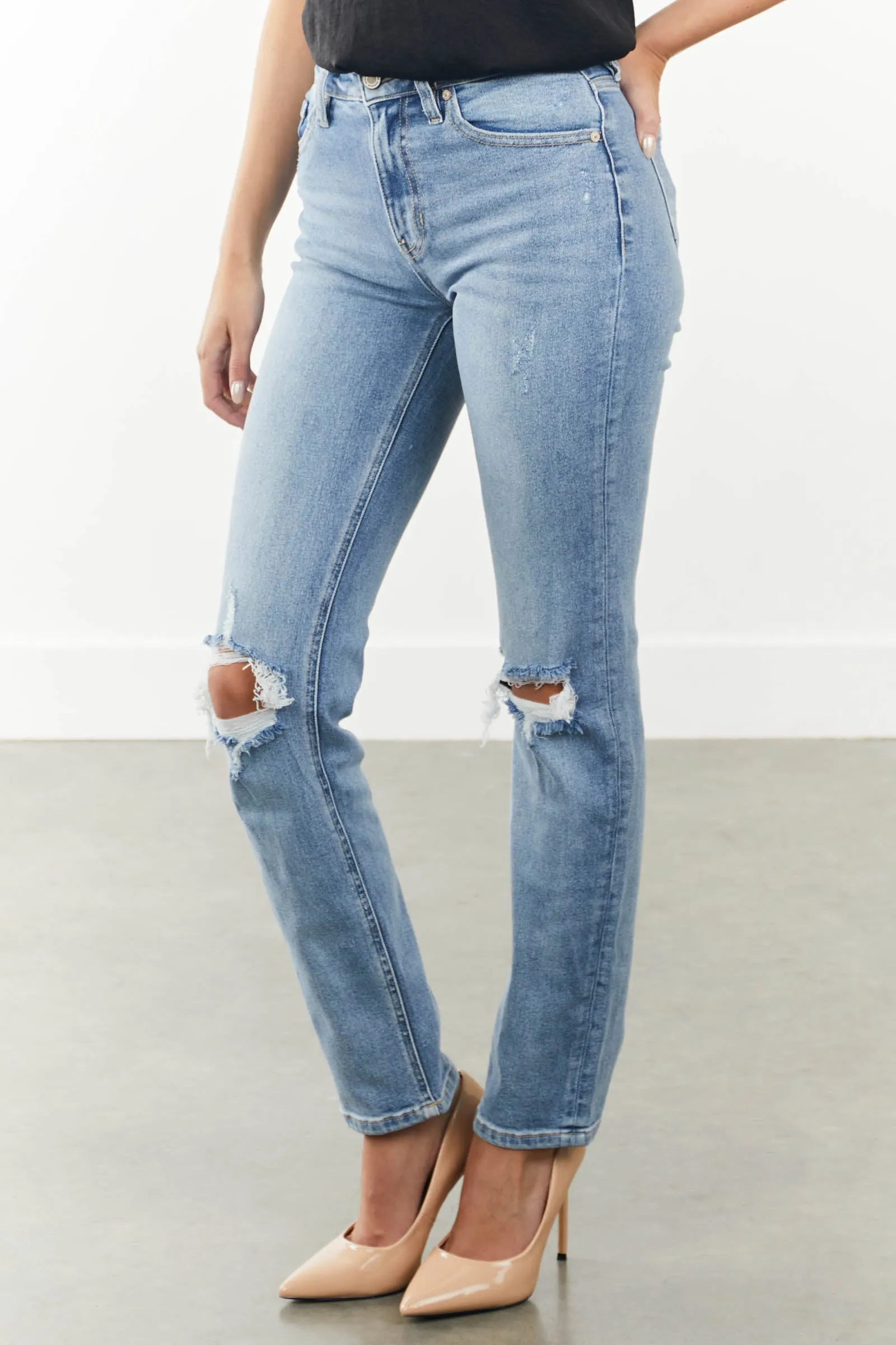 KanCan Light Wash Distressed Knee Straight Leg Jeans sold by Lime Lush product image thumbnail 2