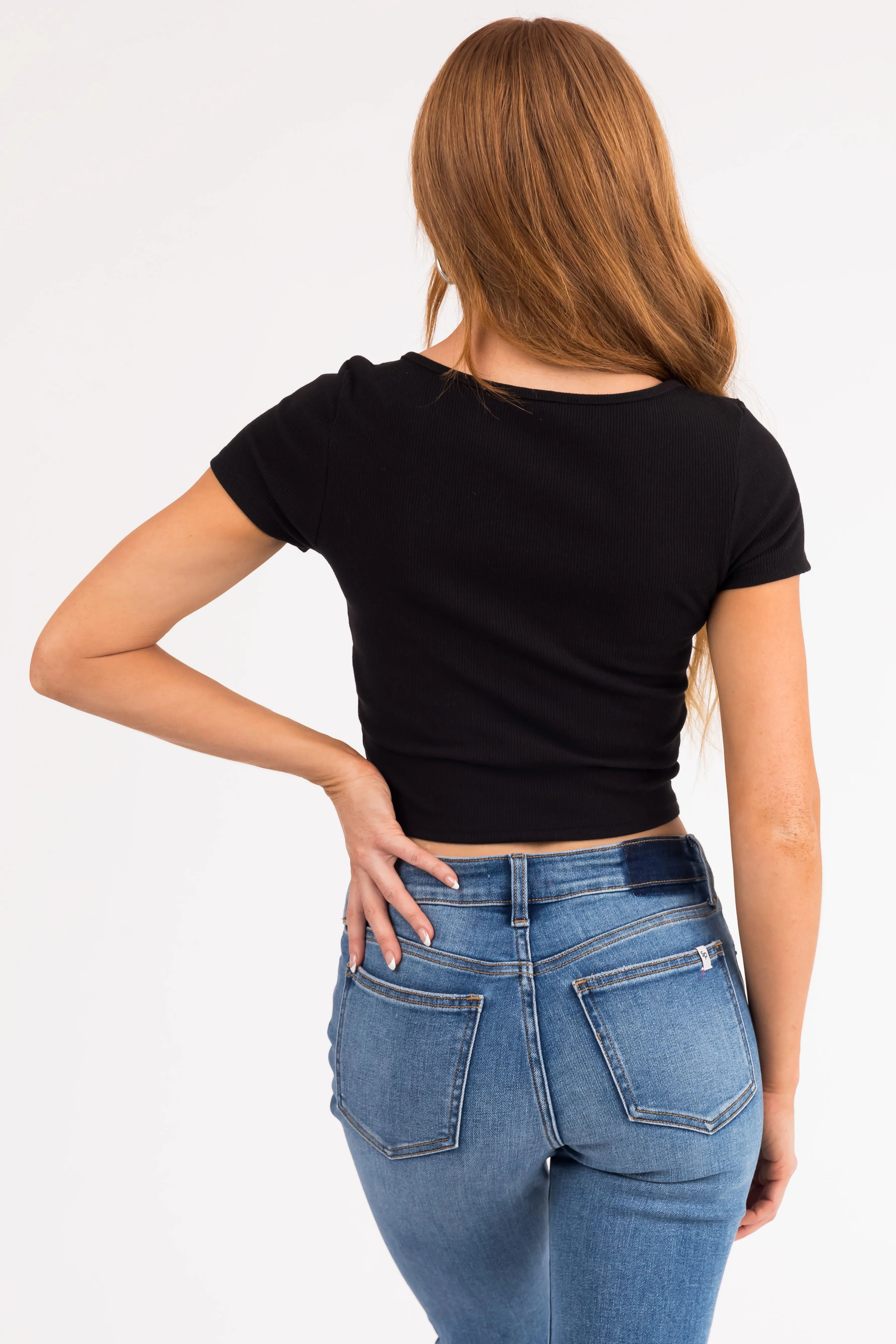 Black Split Neck Short Sleeve Ribbed Crop Top sold by Lime Lush product image thumbnail 5