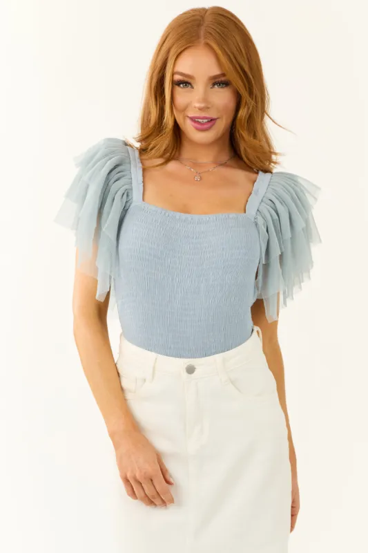 Powder Blue Tulle Ruffle Sleeve Bodysuit sold by Lime Lush