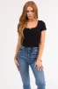 Black Split Neck Short Sleeve Ribbed Crop Top sold by Lime Lush