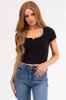 Black Split Neck Short Sleeve Ribbed Crop Top sold by Lime Lush