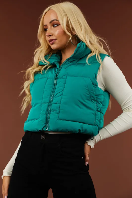 Bright Pine Drawstring Hem Zip Up Puffer Vest sold by Lime Lush
