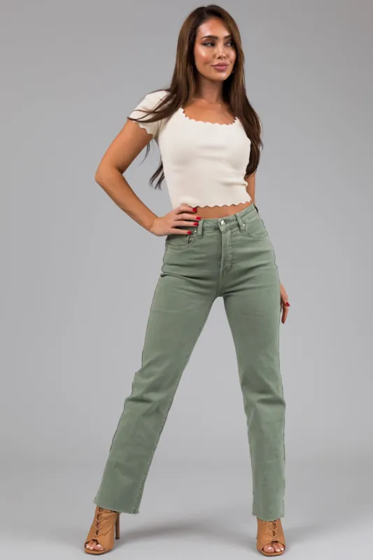 Risen Sage High Rise Straight Leg Raw Hem Jeans sold by Lime Lush