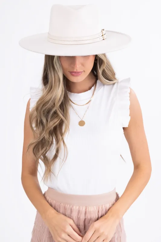 Vanilla Felt Wide Brim Double Buckle Strap Hat sold by Lime Lush