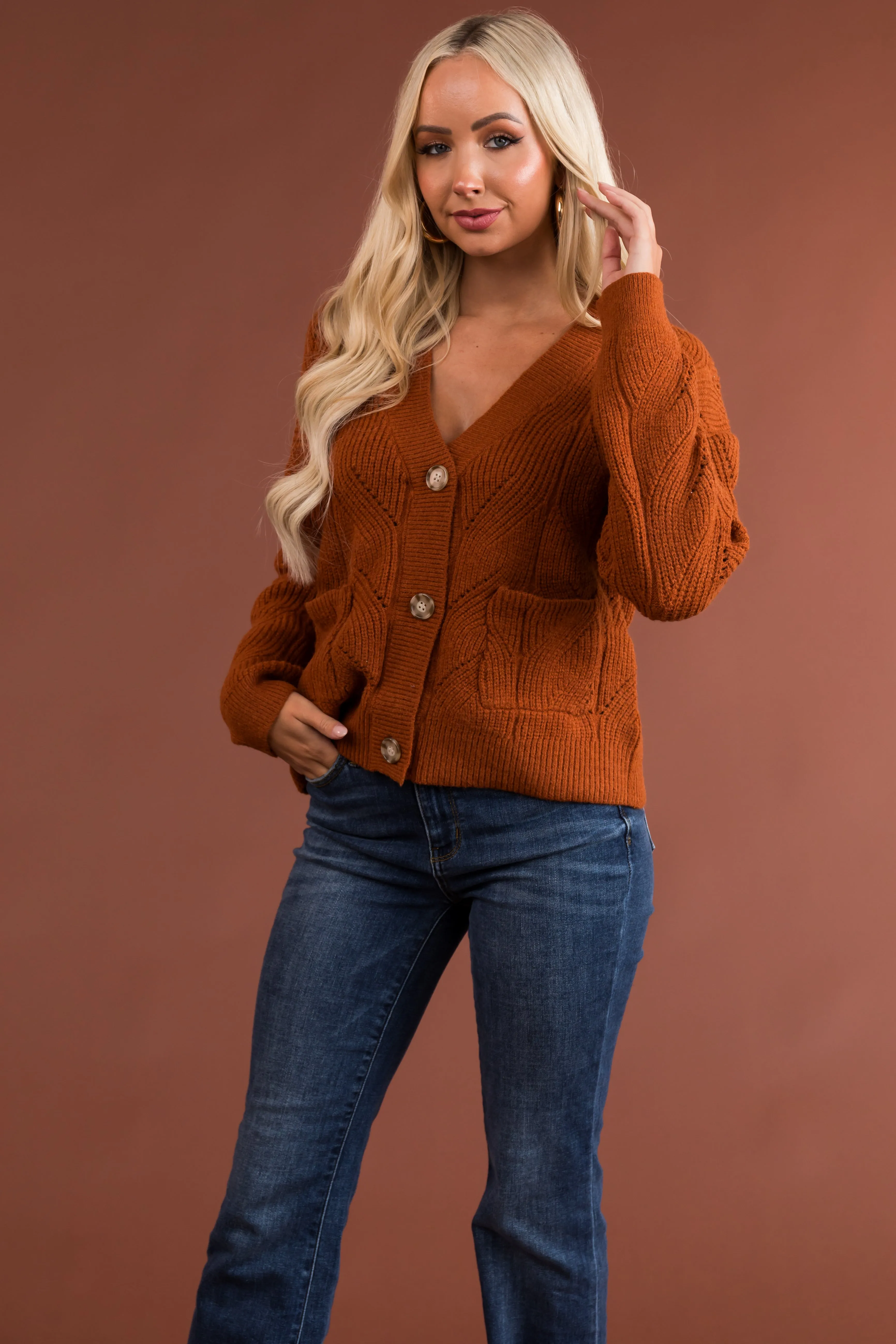 Rust Pointelle Button Down Long Sleeve Cardigan sold by Lime Lush product image thumbnail 2