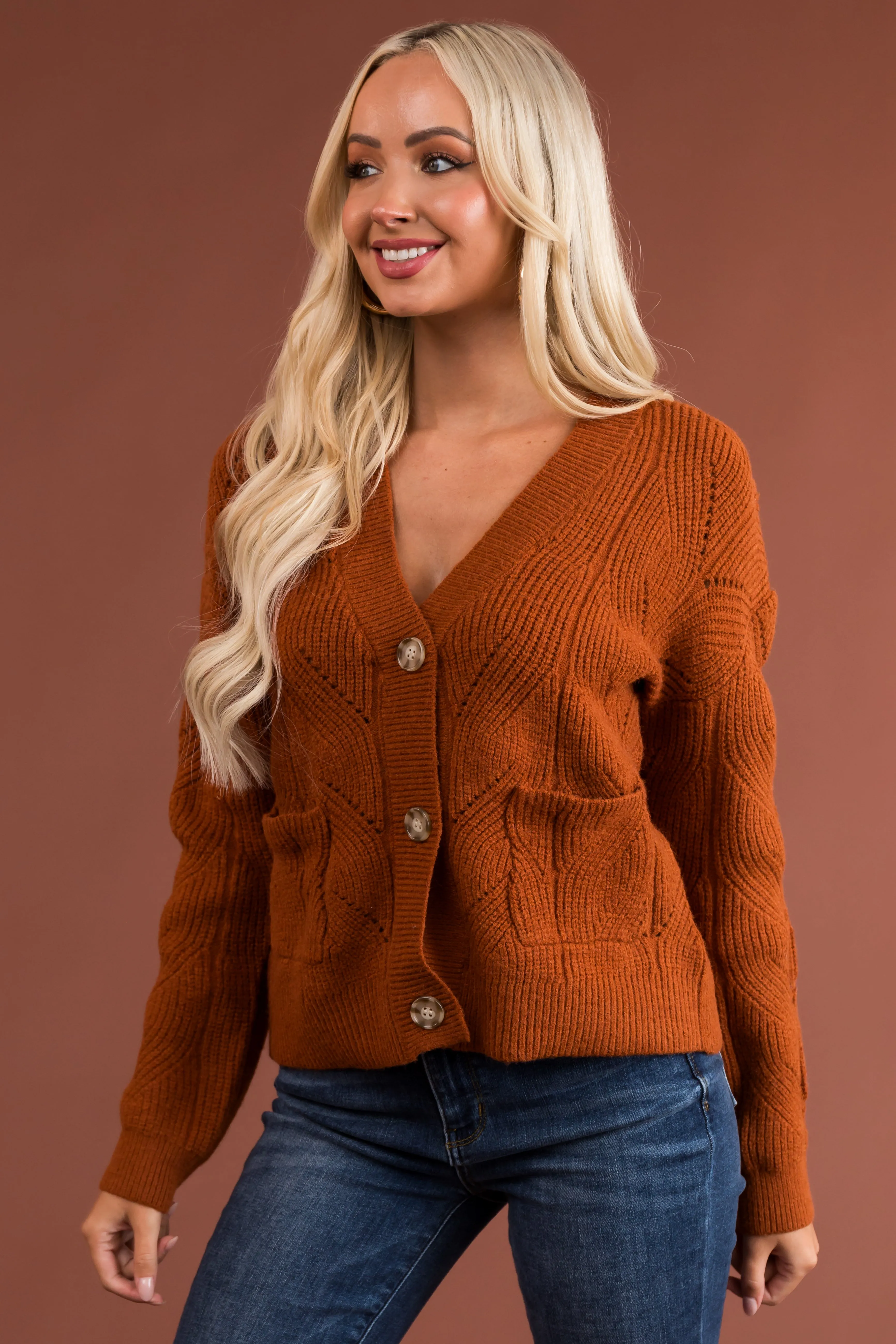 Rust Pointelle Button Down Long Sleeve Cardigan sold by Lime Lush