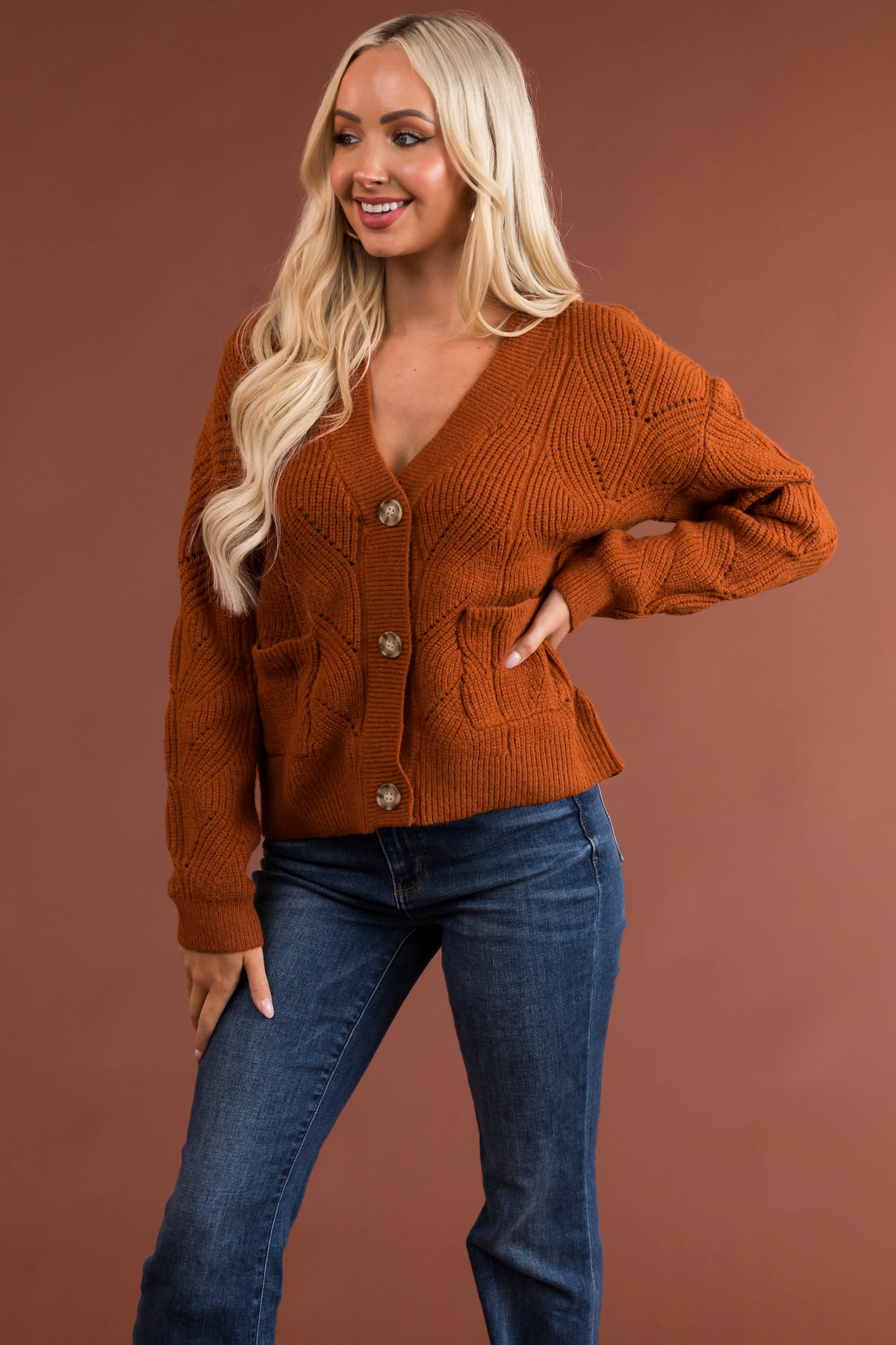 Rust Pointelle Button Down Long Sleeve Cardigan sold by Lime Lush product image thumbnail 3