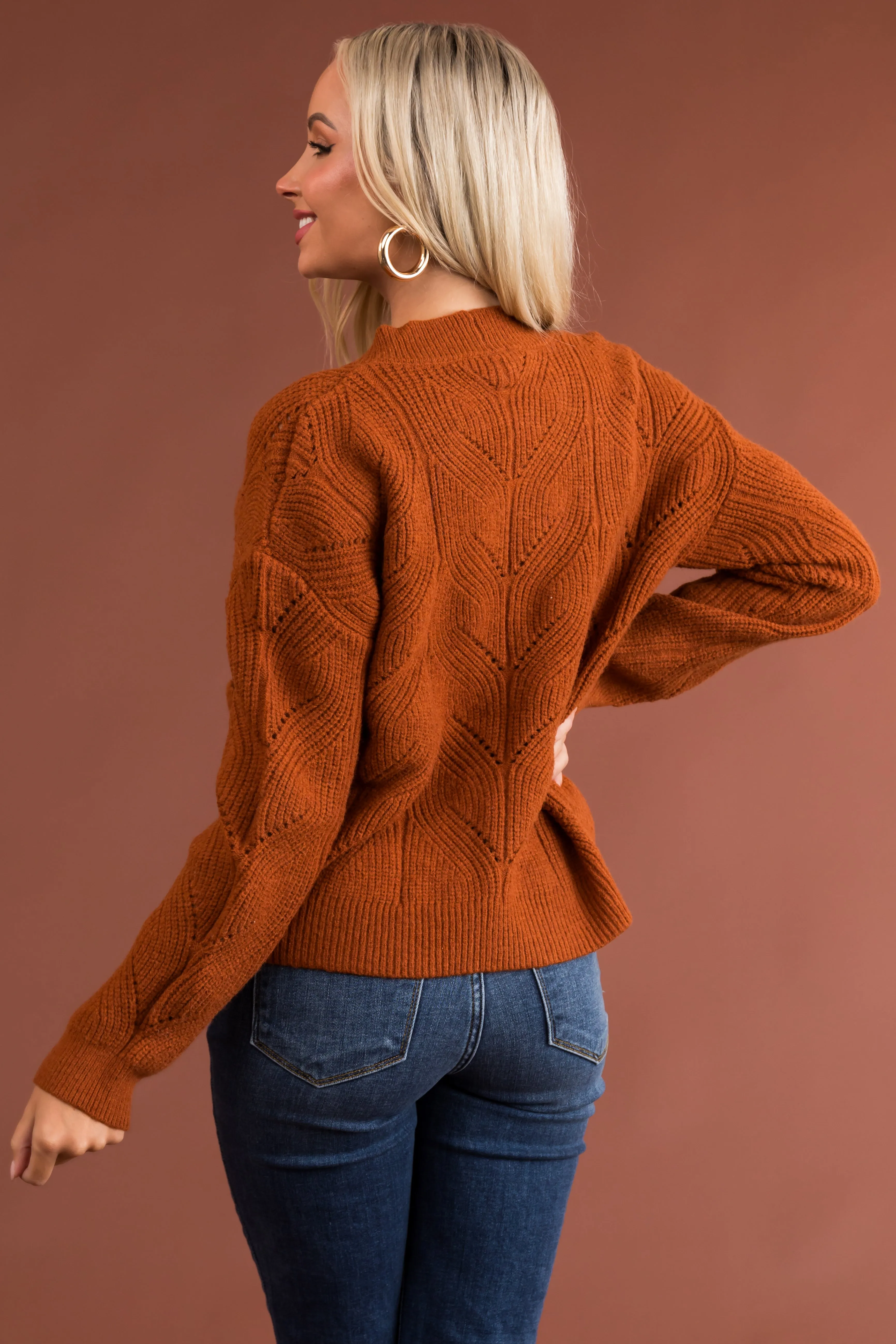 Rust Pointelle Button Down Long Sleeve Cardigan sold by Lime Lush product image thumbnail 5
