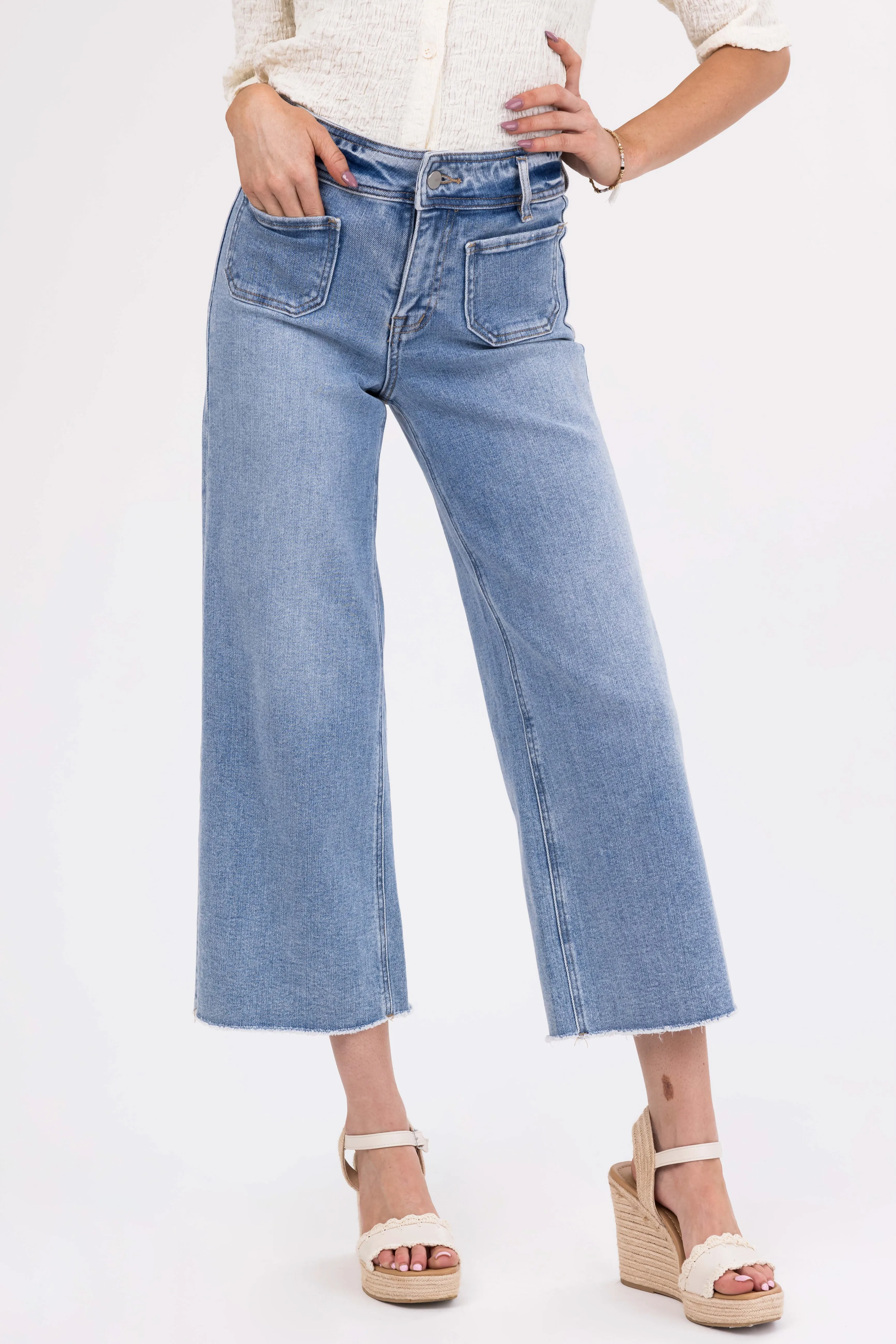 Mica Denim Light Wash Wide Leg Cropped Jeans sold by Lime Lush
