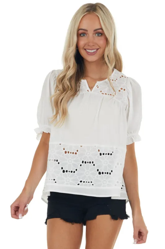 Off White Split Neck Blouse with Eyelet Lace sold by Lime Lush