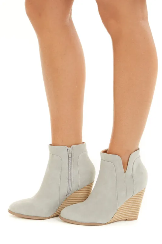 Clay Grey Faux Suede Stacked Wedge Bootie sold by Lime Lush