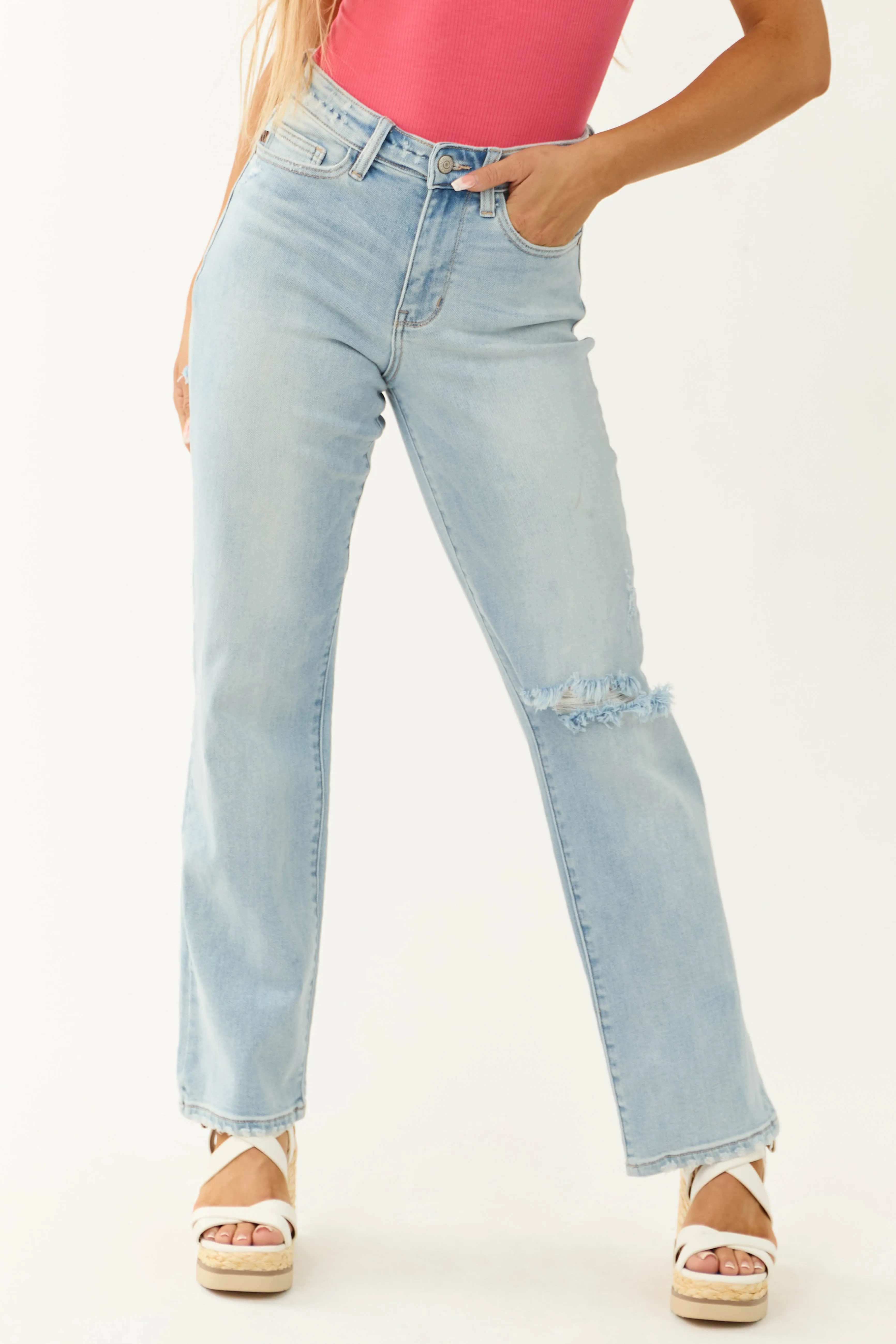 Judy Blue Light Wash Wide Leg Distressed Jeans sold by Lime Lush