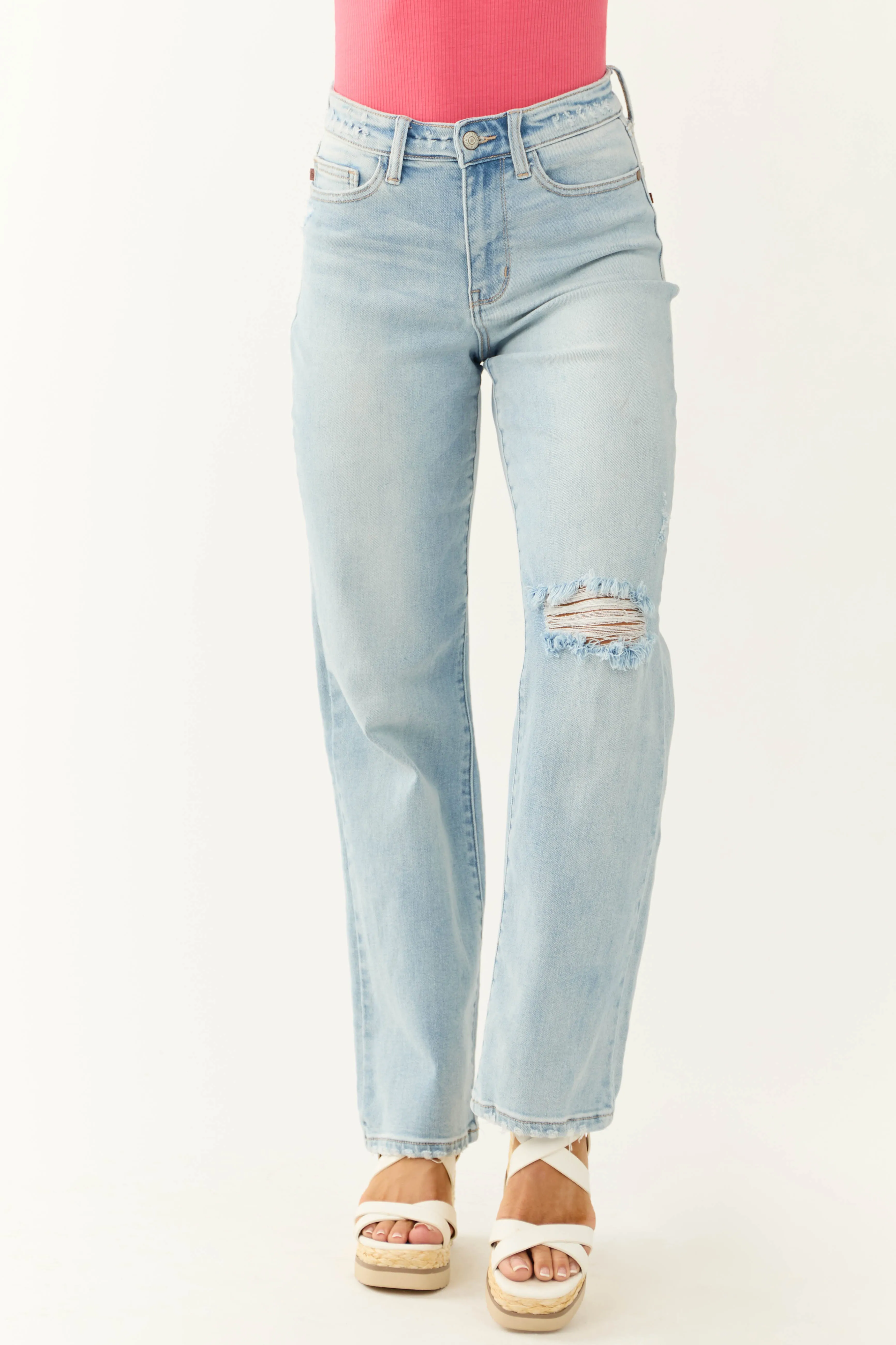 Judy Blue Light Wash Wide Leg Distressed Jeans sold by Lime Lush product image thumbnail 4