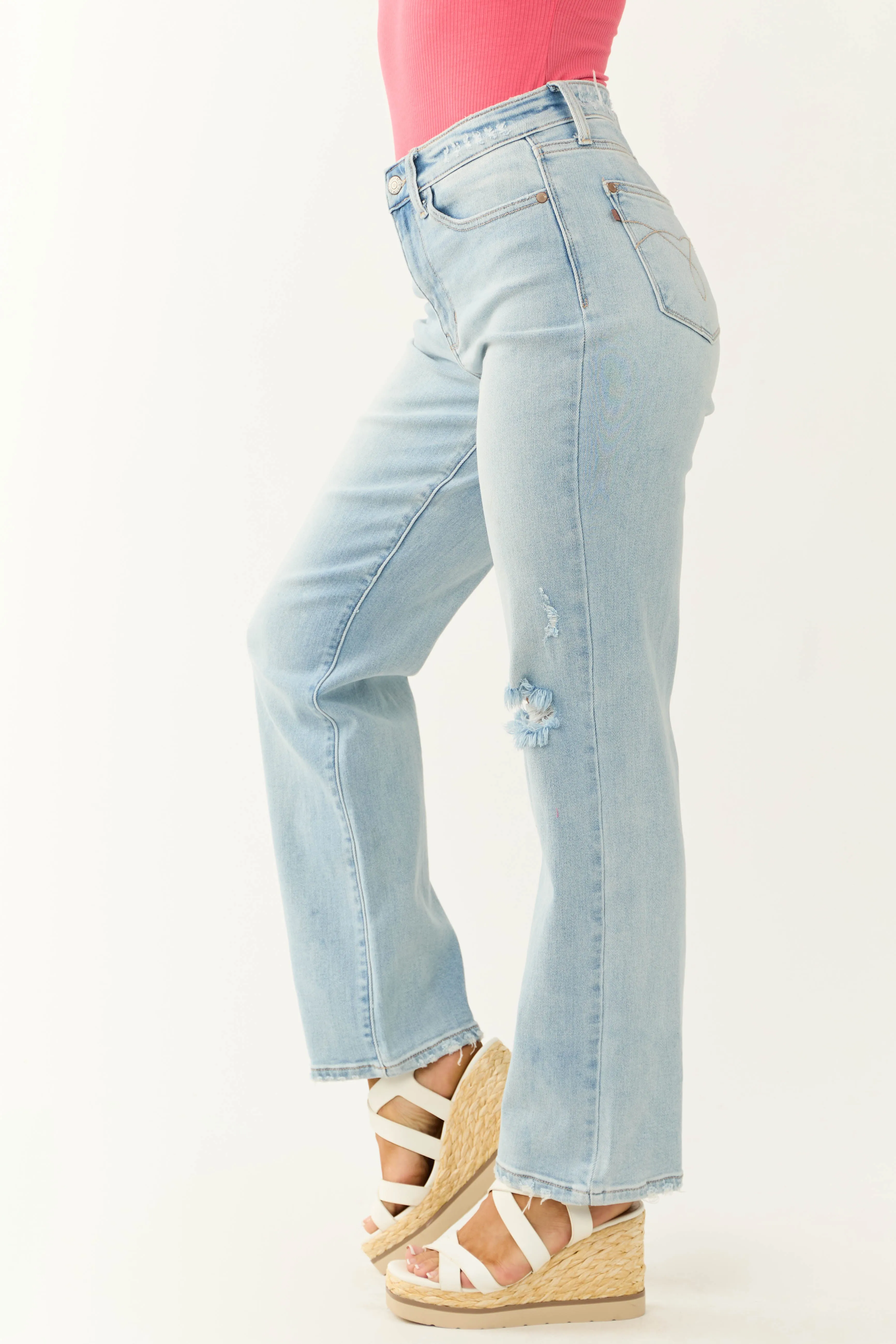 Judy Blue Light Wash Wide Leg Distressed Jeans sold by Lime Lush product image thumbnail 5
