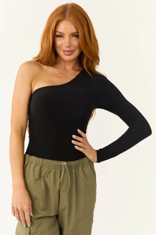 Black One Shoulder Long Sleeve Bodysuit sold by Lime Lush