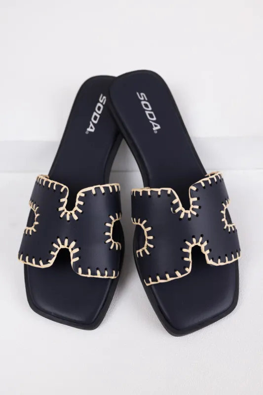 Dark Navy Straw Trim Cut Out Strap Slide Sandals sold by Lime Lush