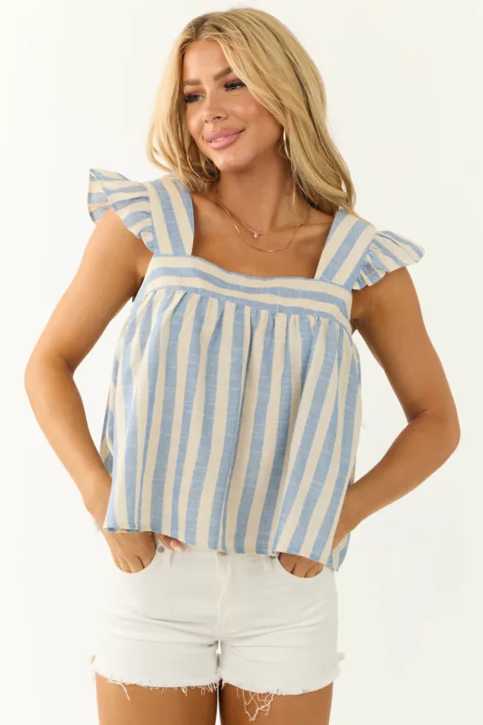 Beige and Cornflower Striped Ruffle Sleeve Top sold by Lime Lush