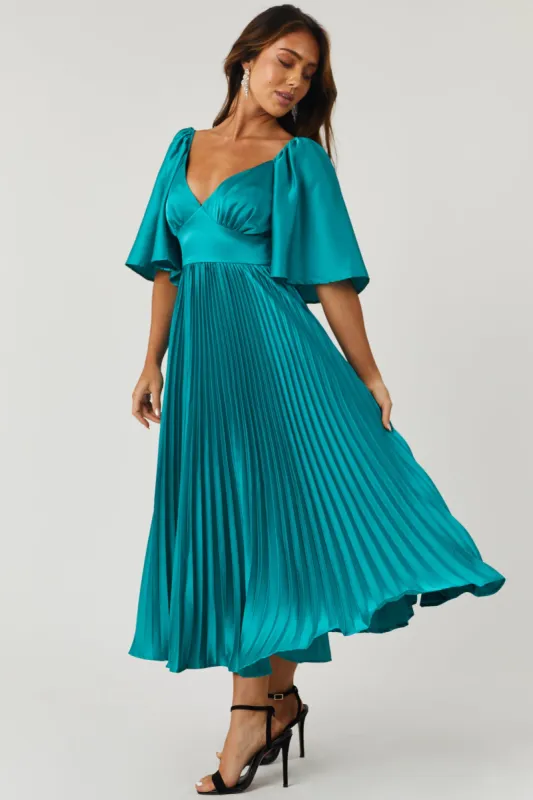 Flying Tomato Teal Bell Sleeve Pleated Satin Midi Dress sold by Lime Lush