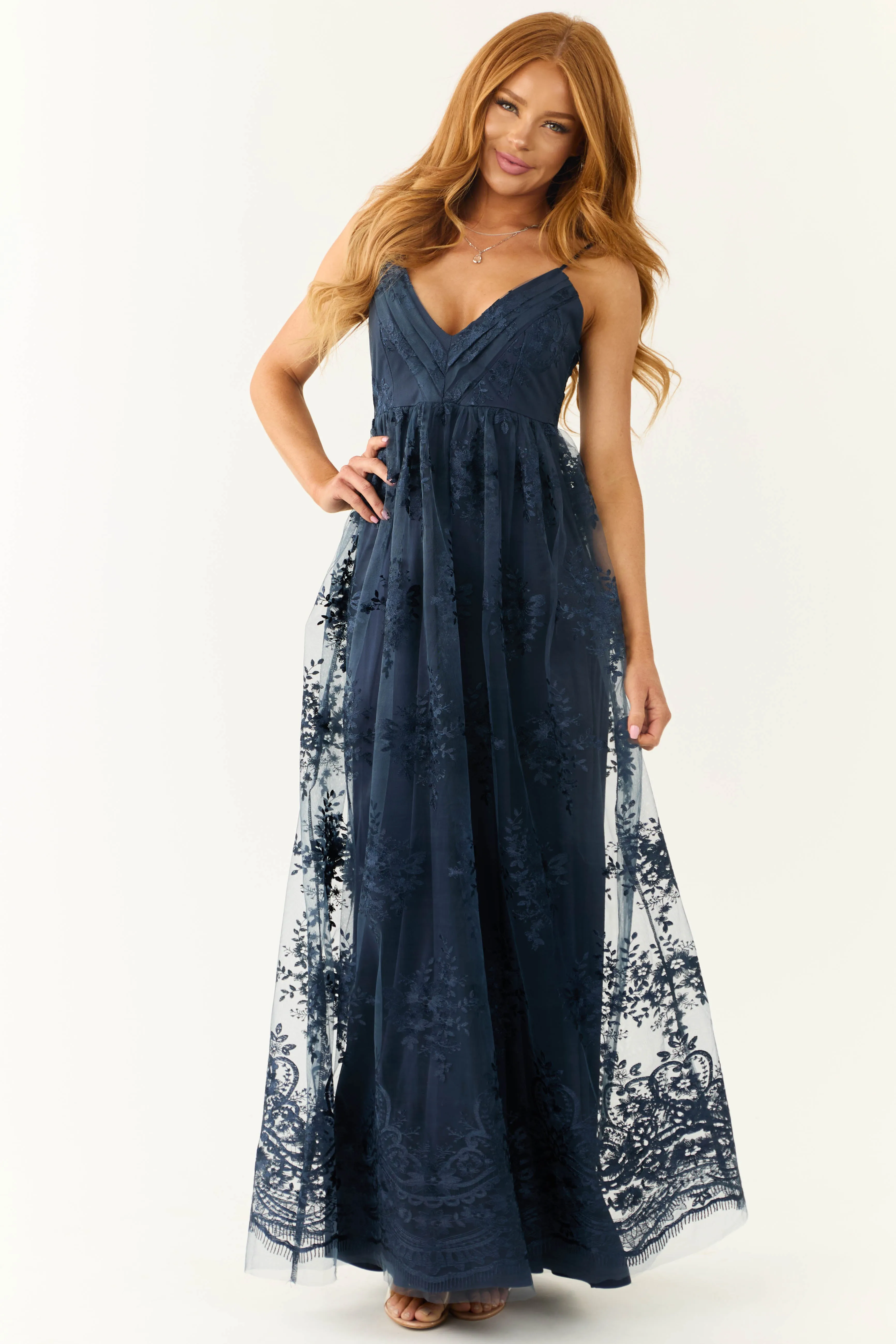 Navy Floral Detail Sleeveless Maxi Dress sold by Lime Lush