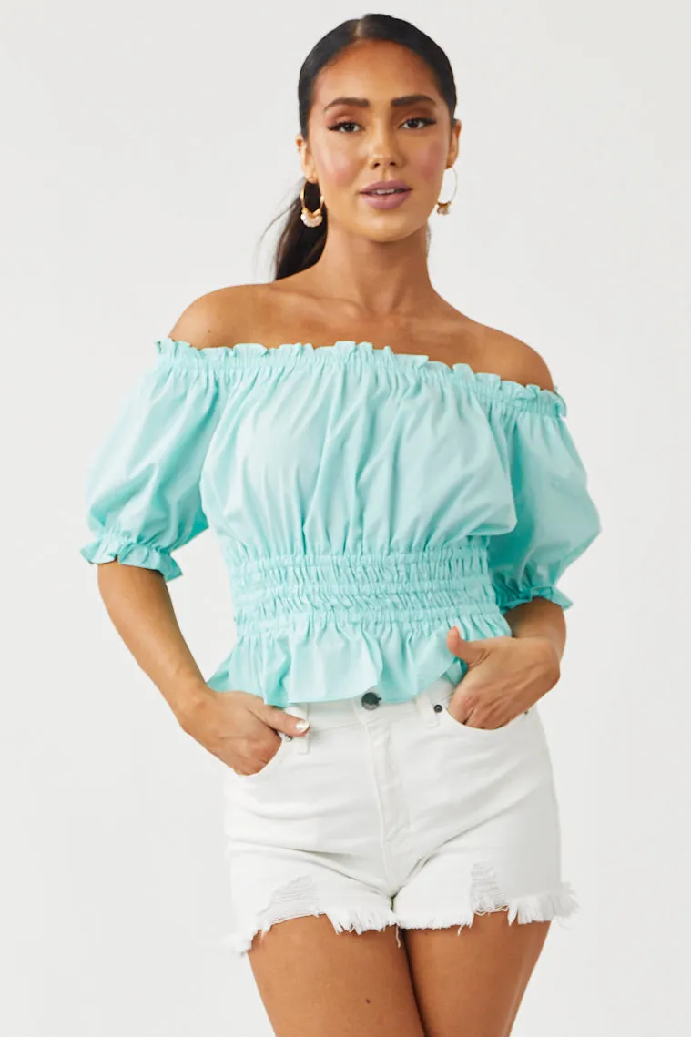 She+Sky Mint Off Shoulder Puff Sleeve Peplum Blouse sold by Lime Lush