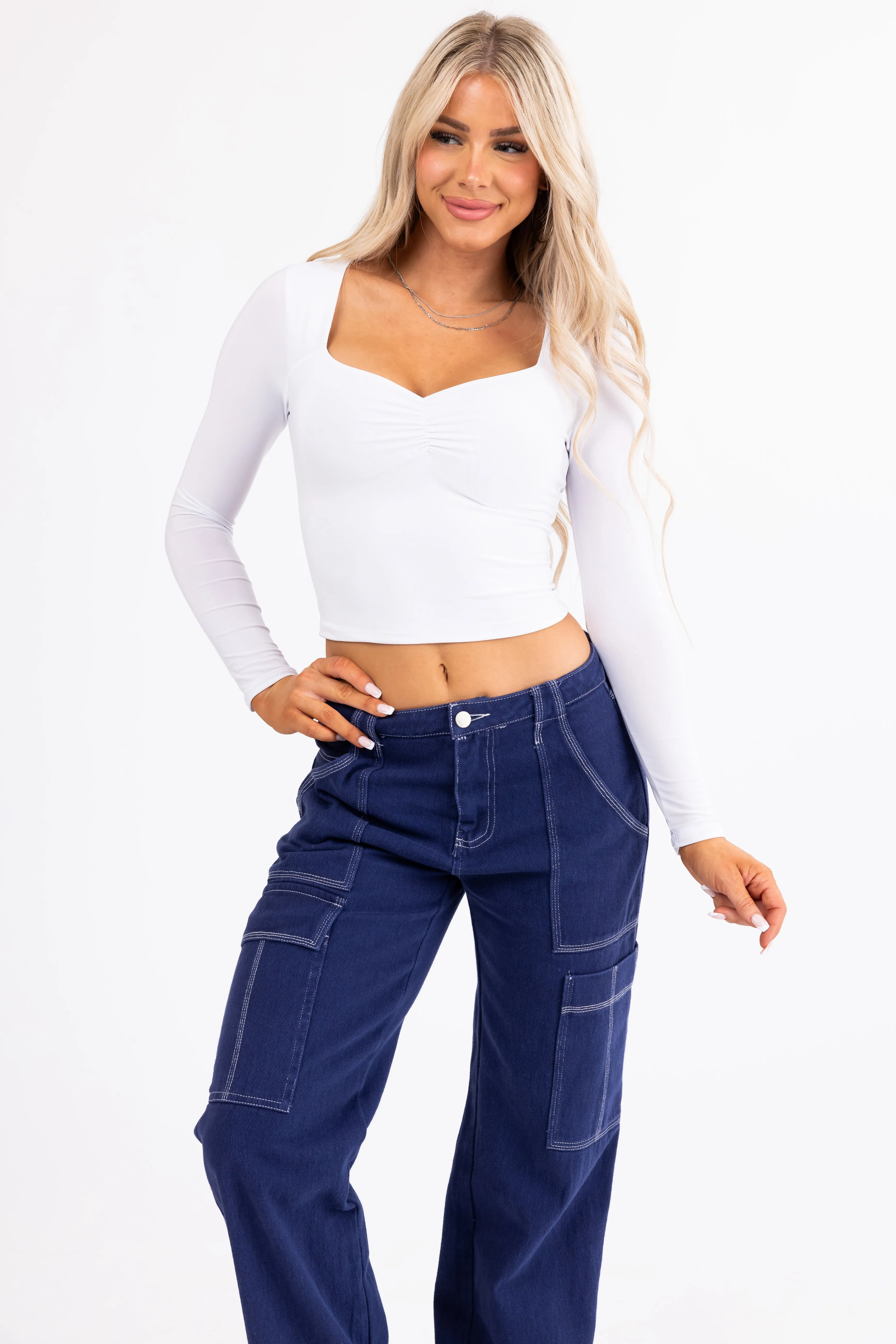 White Sweetheart Neck Long Sleeve Crop Top sold by Lime Lush product image thumbnail 2