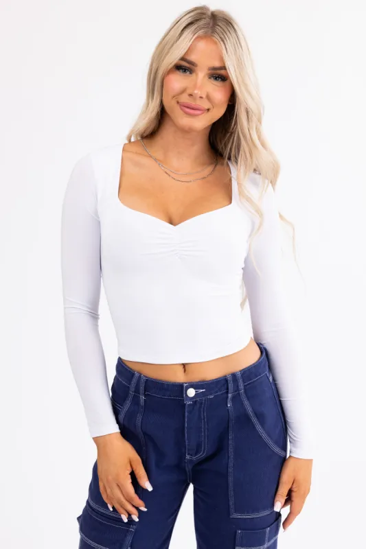 White Sweetheart Neck Long Sleeve Crop Top sold by Lime Lush