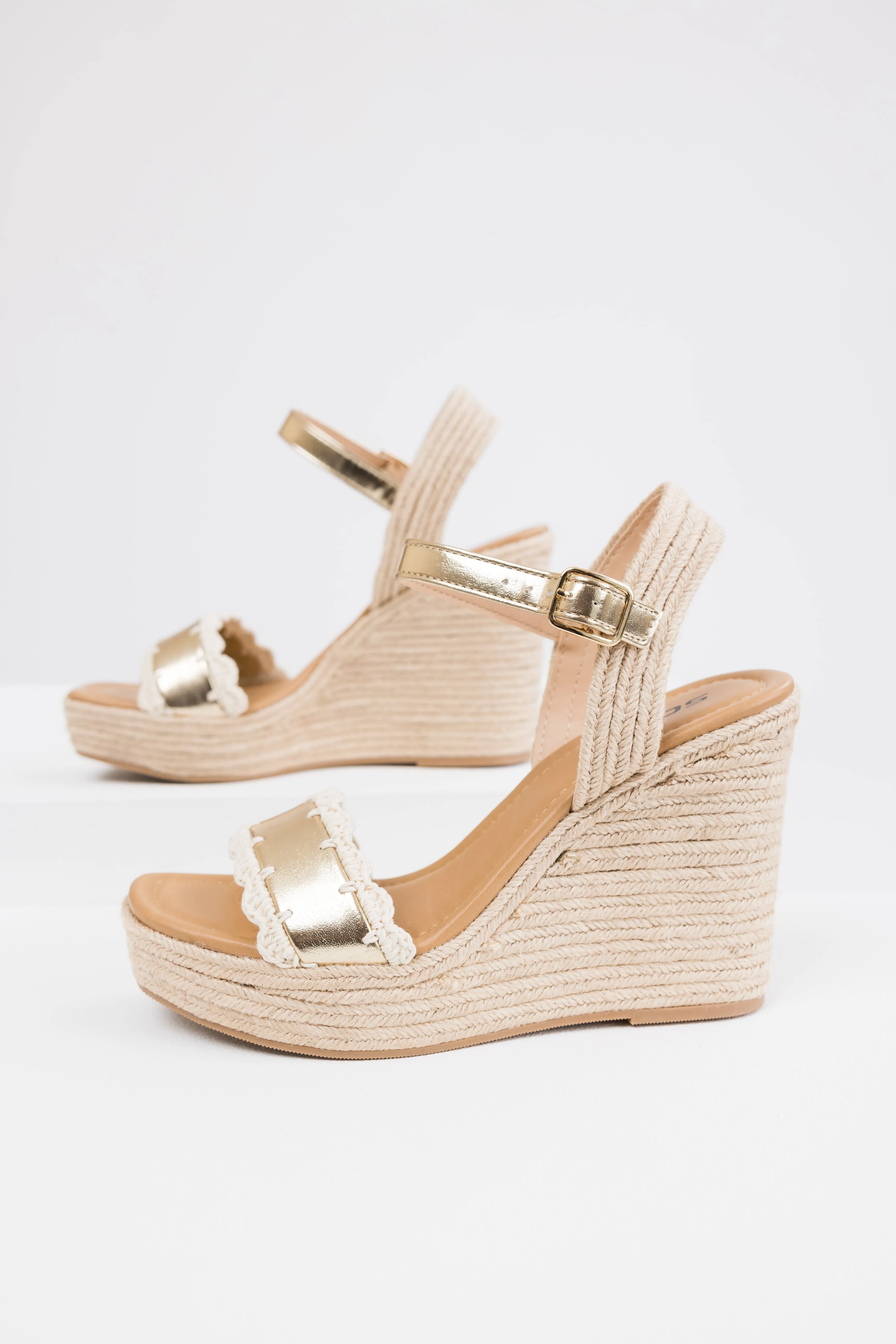 Gold Crochet Trim Strap Espadrille Wedges sold by Lime Lush product image thumbnail 2