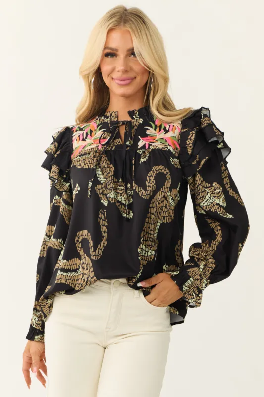 Black Wild Cat Print Embroidered Yoke Top sold by Lime Lush