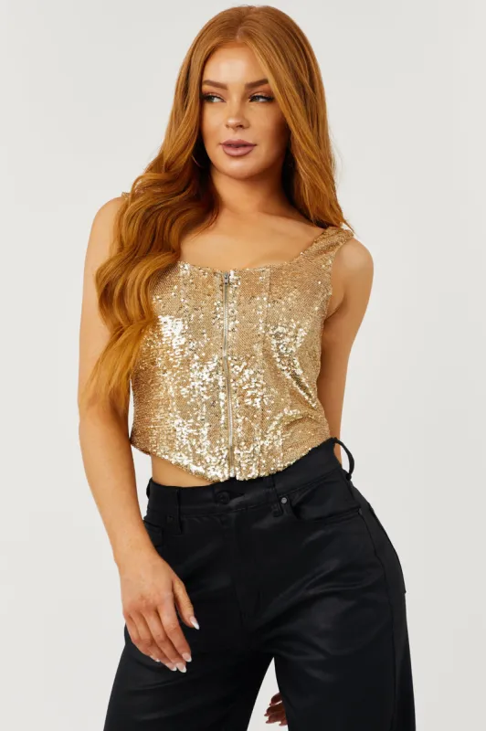 Gold Sequin Zipper Corset Cropped Tank Top sold by Lime Lush