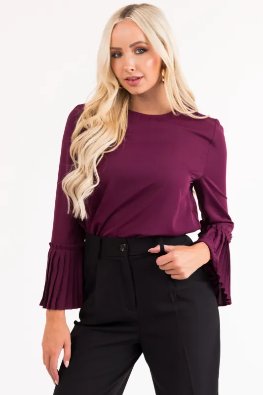 Plum Pleated Bell Sleeve Blouse sold by Lime Lush