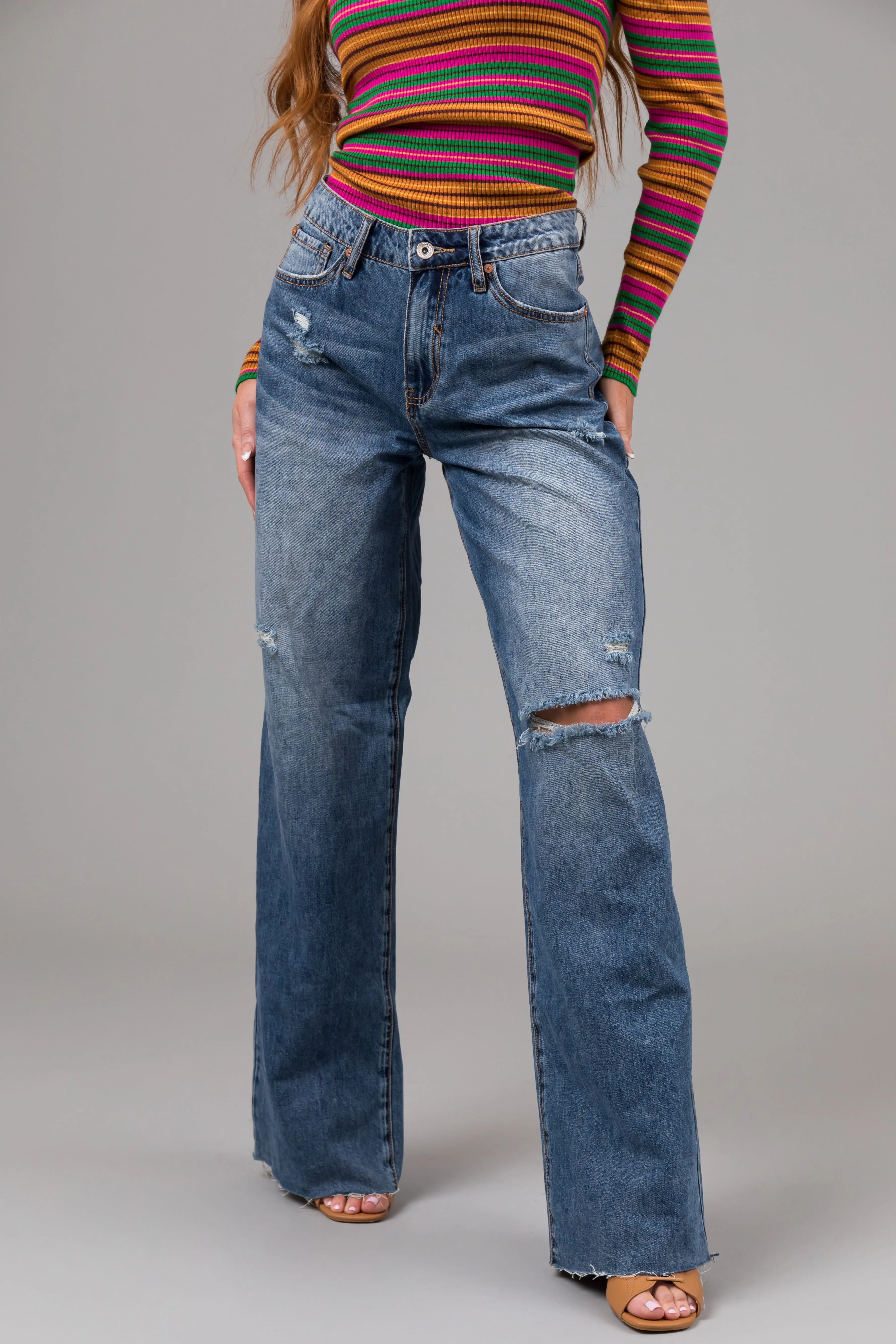 Special A Medium Wash Wide Leg Distressed Knee Dad Jeans sold by Lime Lush product image thumbnail 2