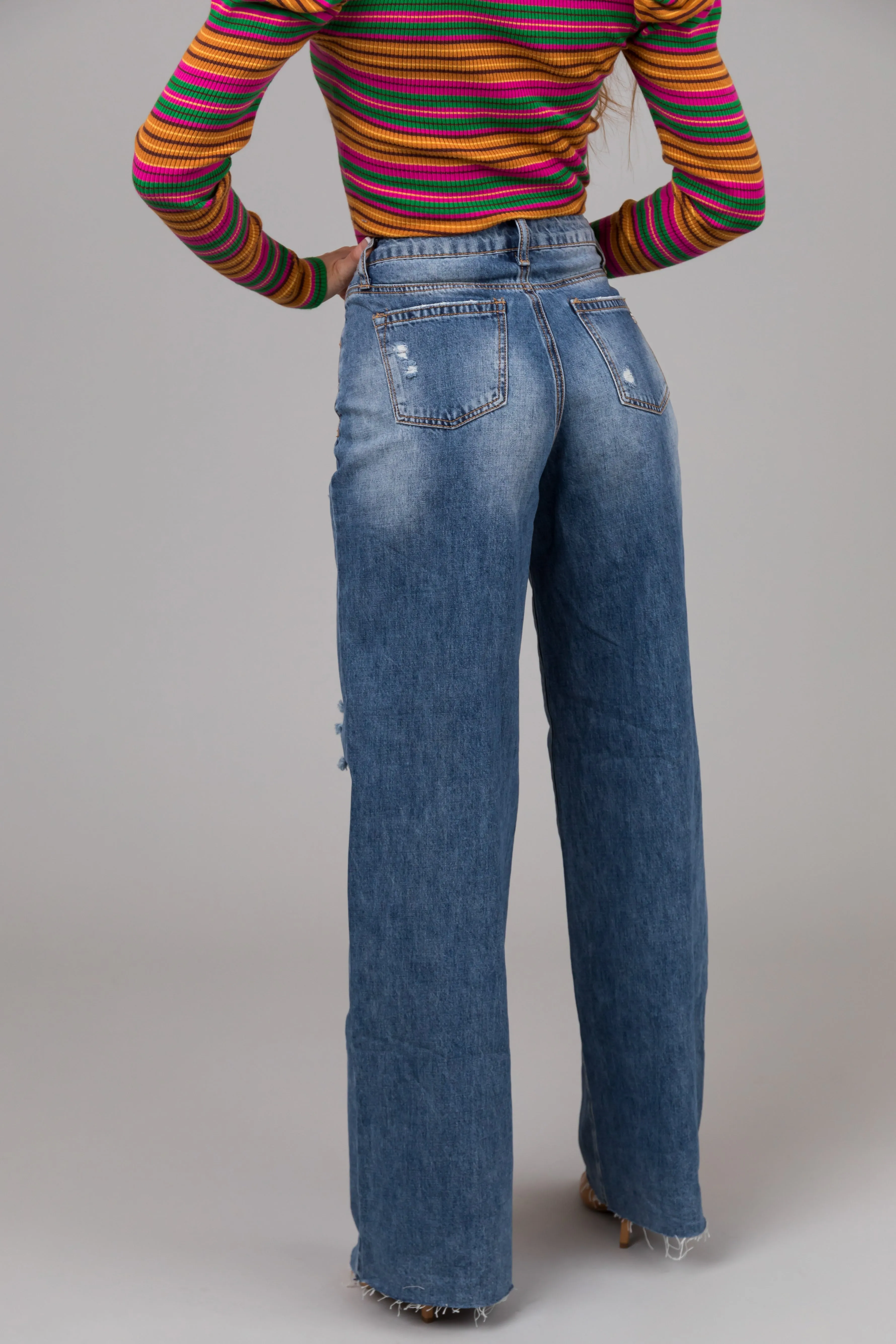 Special A Medium Wash Wide Leg Distressed Knee Dad Jeans sold by Lime Lush product image thumbnail 4