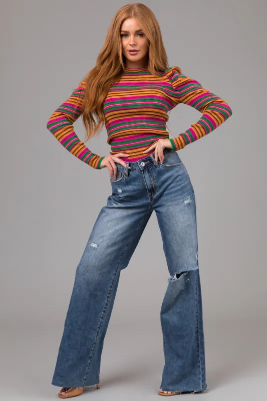 Special A Medium Wash Wide Leg Distressed Knee Dad Jeans sold by Lime Lush