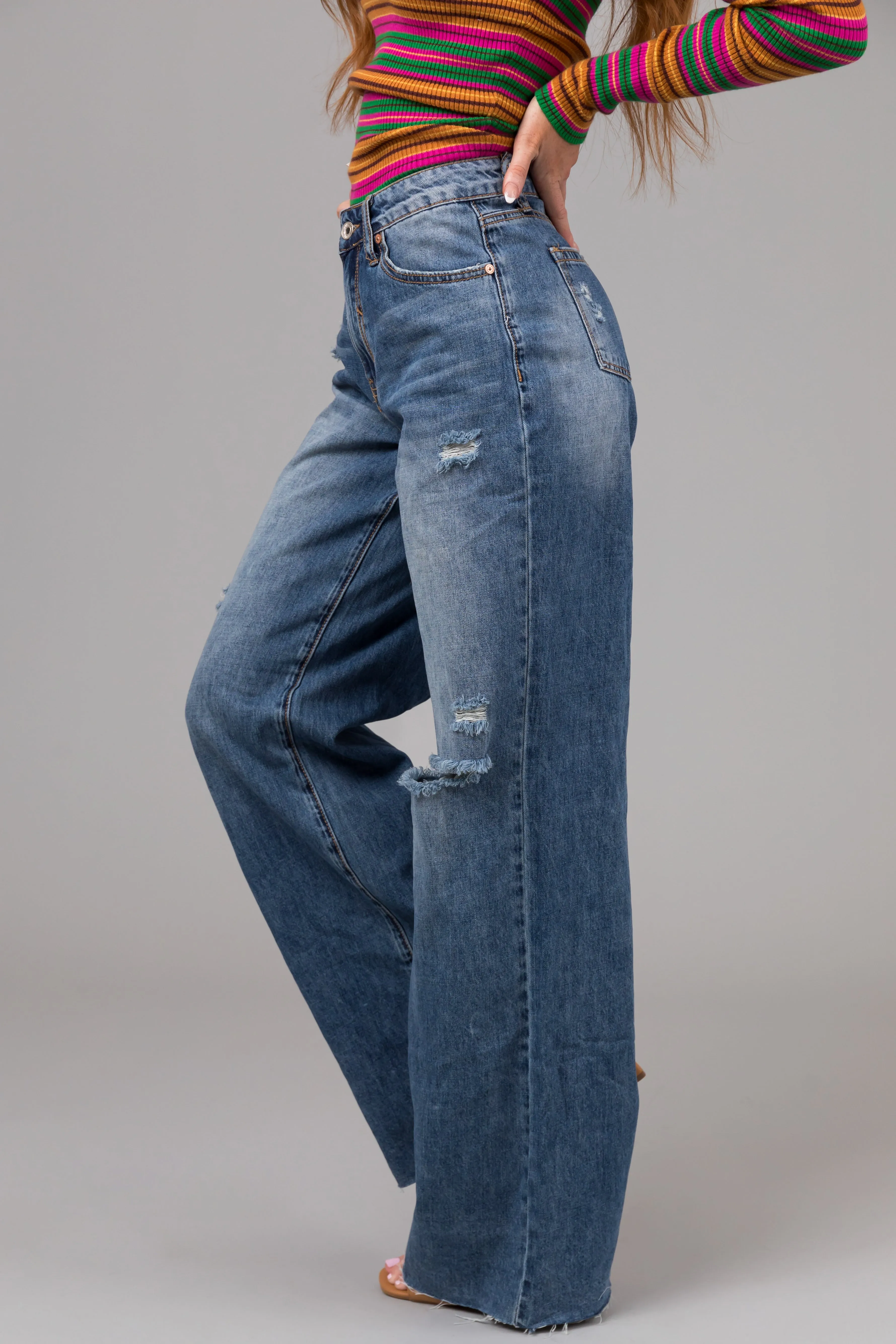Special A Medium Wash Wide Leg Distressed Knee Dad Jeans sold by Lime Lush product image thumbnail 3