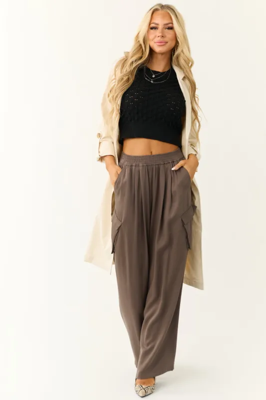 Espresso Wide Leg Smocked Waist Cargo Pants sold by Lime Lush
