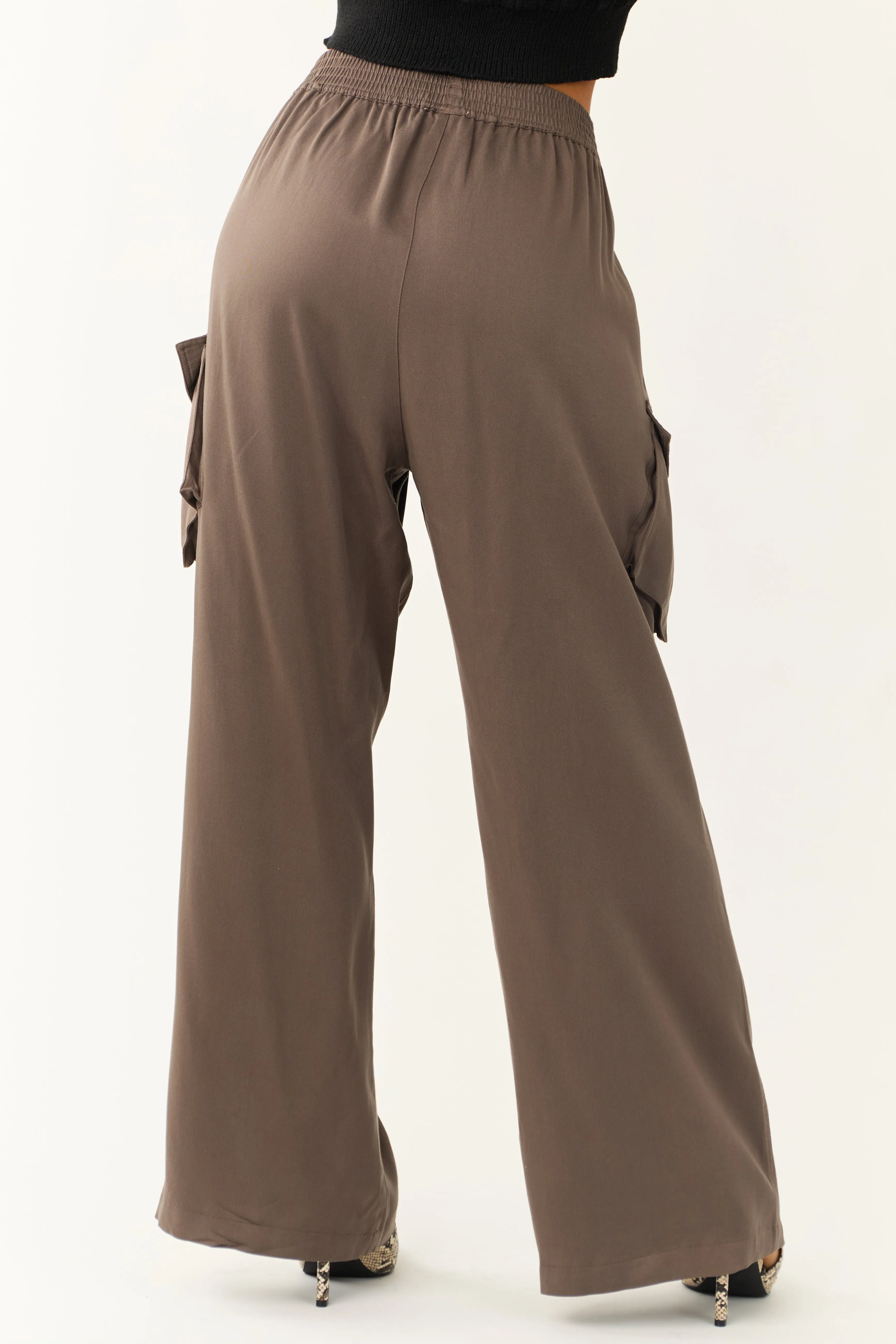 Espresso Wide Leg Smocked Waist Cargo Pants sold by Lime Lush product image thumbnail 4