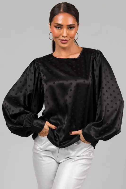 Black Polka Dot Textured Bubble Sleeve Satin Top sold by Lime Lush