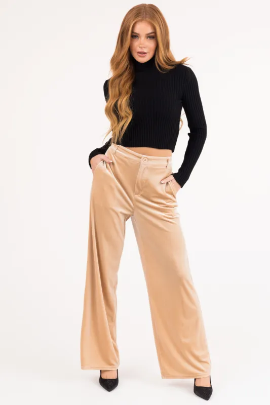 Champagne Velvet Wide Leg High Waisted Pants sold by Lime Lush