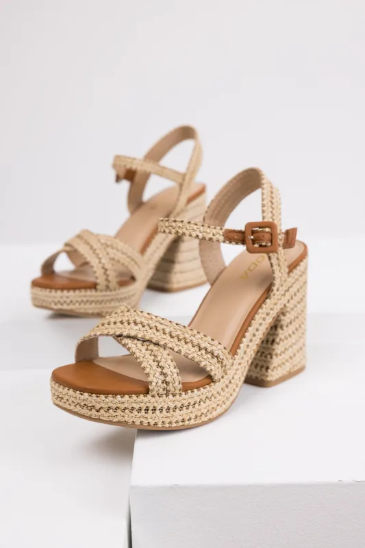 Almond Raffia Woven Open Toed Platform Heels sold by Lime Lush