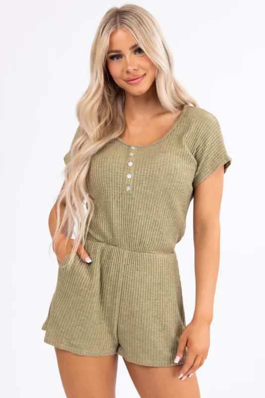 Olive Waffle Knit Button Front Romper sold by Lime Lush