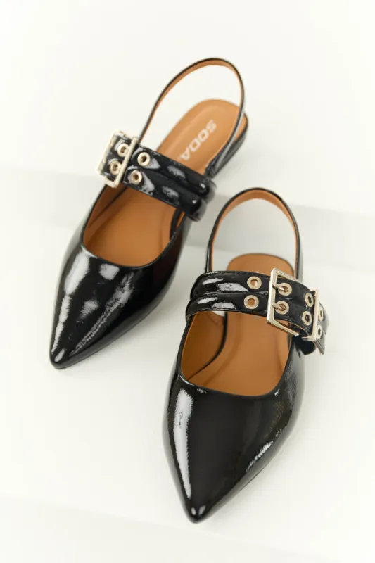 Black Pointed Toe Thick Buckle Strap Flats sold by Lime Lush