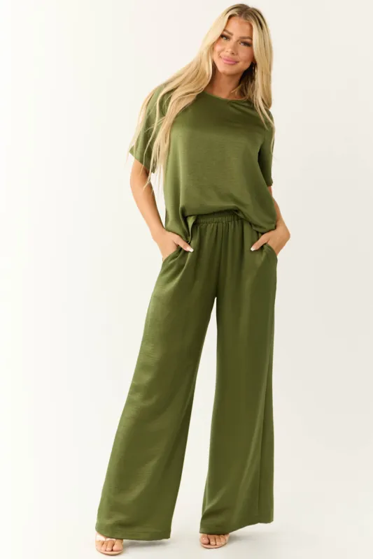 Olive Satin Blouse and Wide Leg Pants Set sold by Lime Lush
