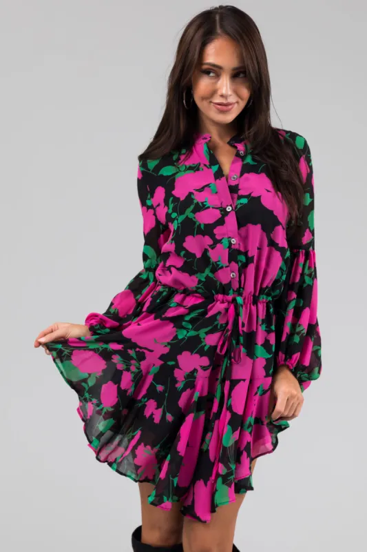 Fuschia Floral Print Long Sleeve Short Dress sold by Lime Lush