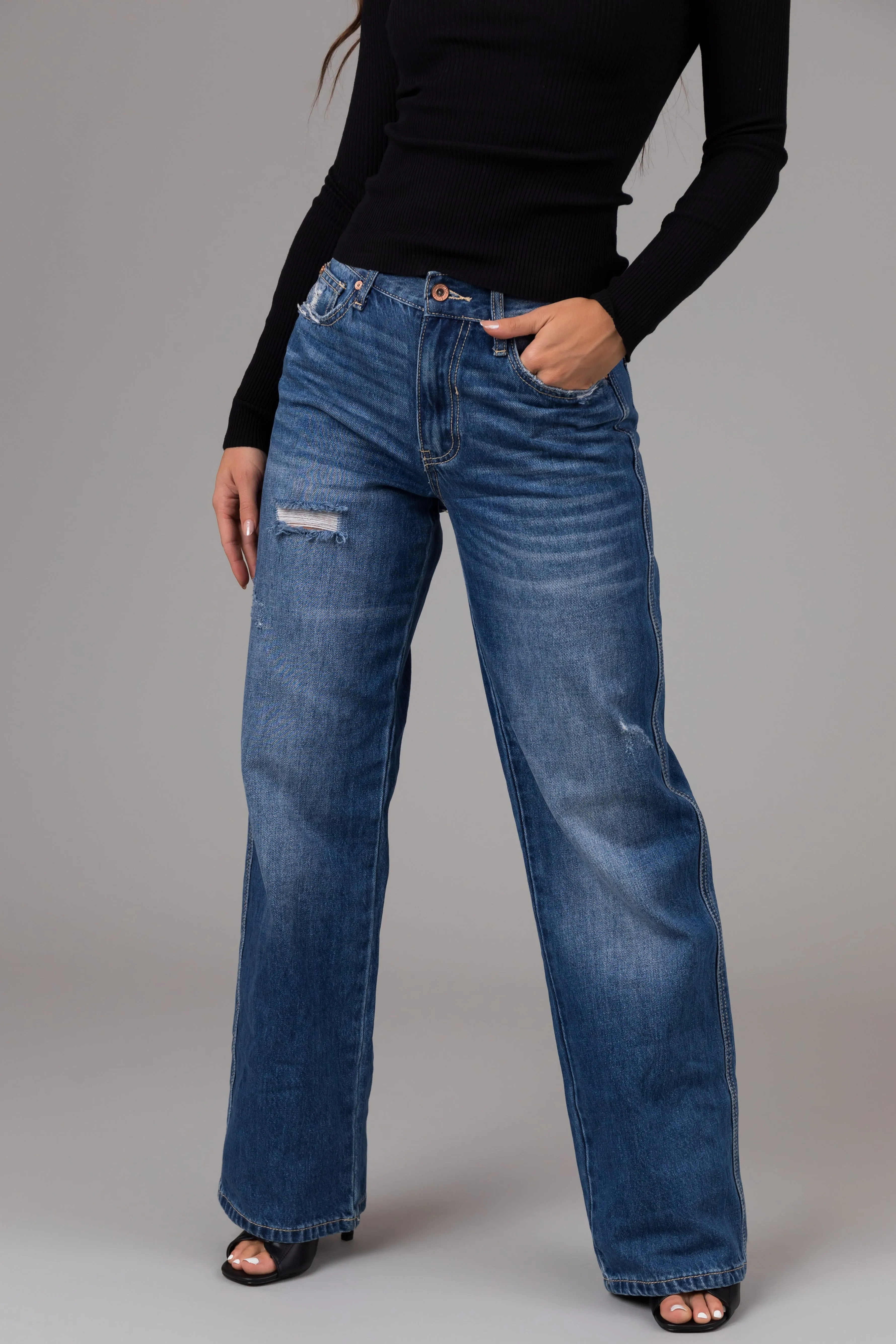 Special A Medium Wash High Rise Distressed Dad Jeans sold by Lime Lush product image thumbnail 2