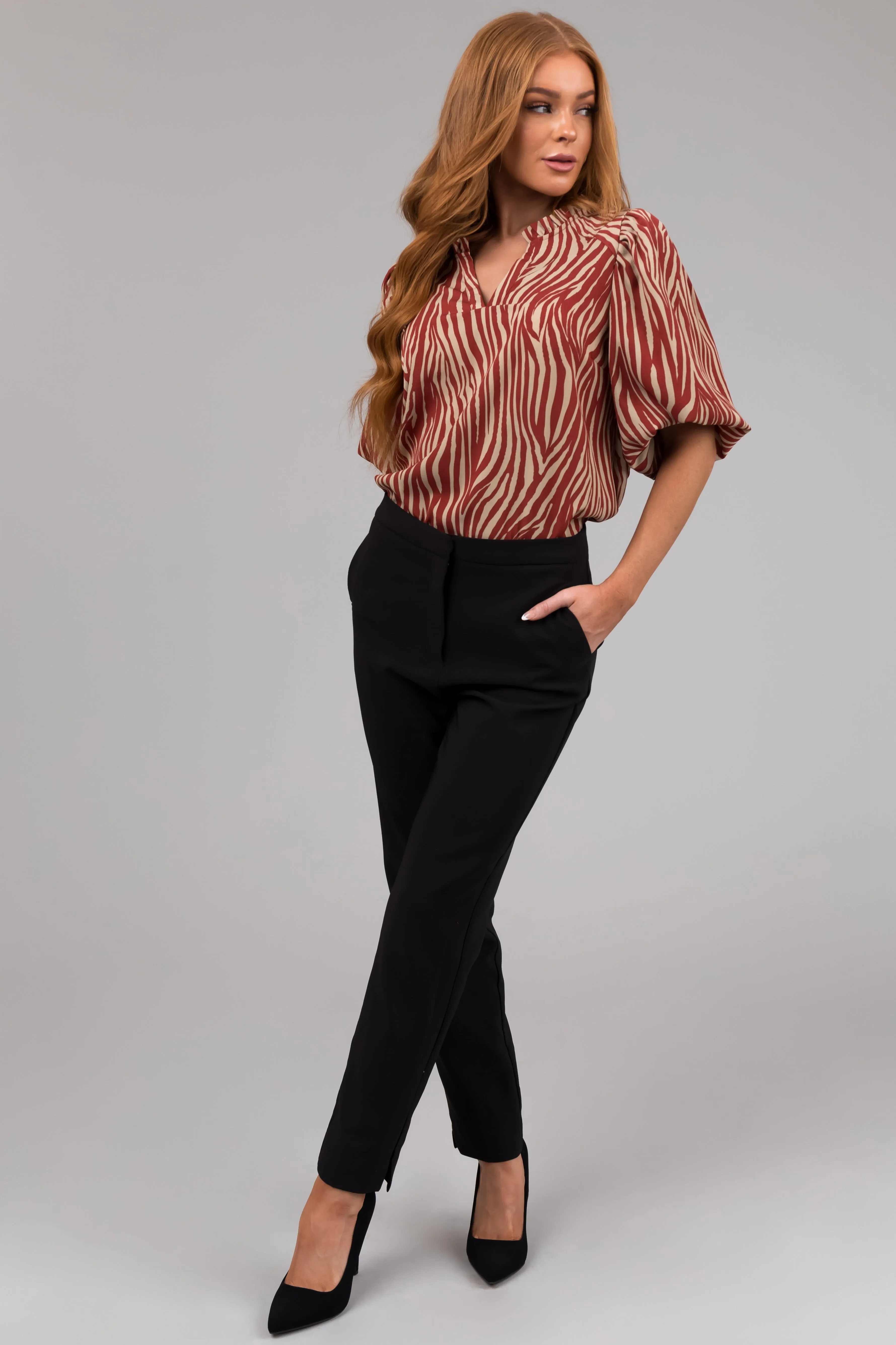 Burgundy and Taupe Zebra Print V Neck Top sold by Lime Lush product image thumbnail 4