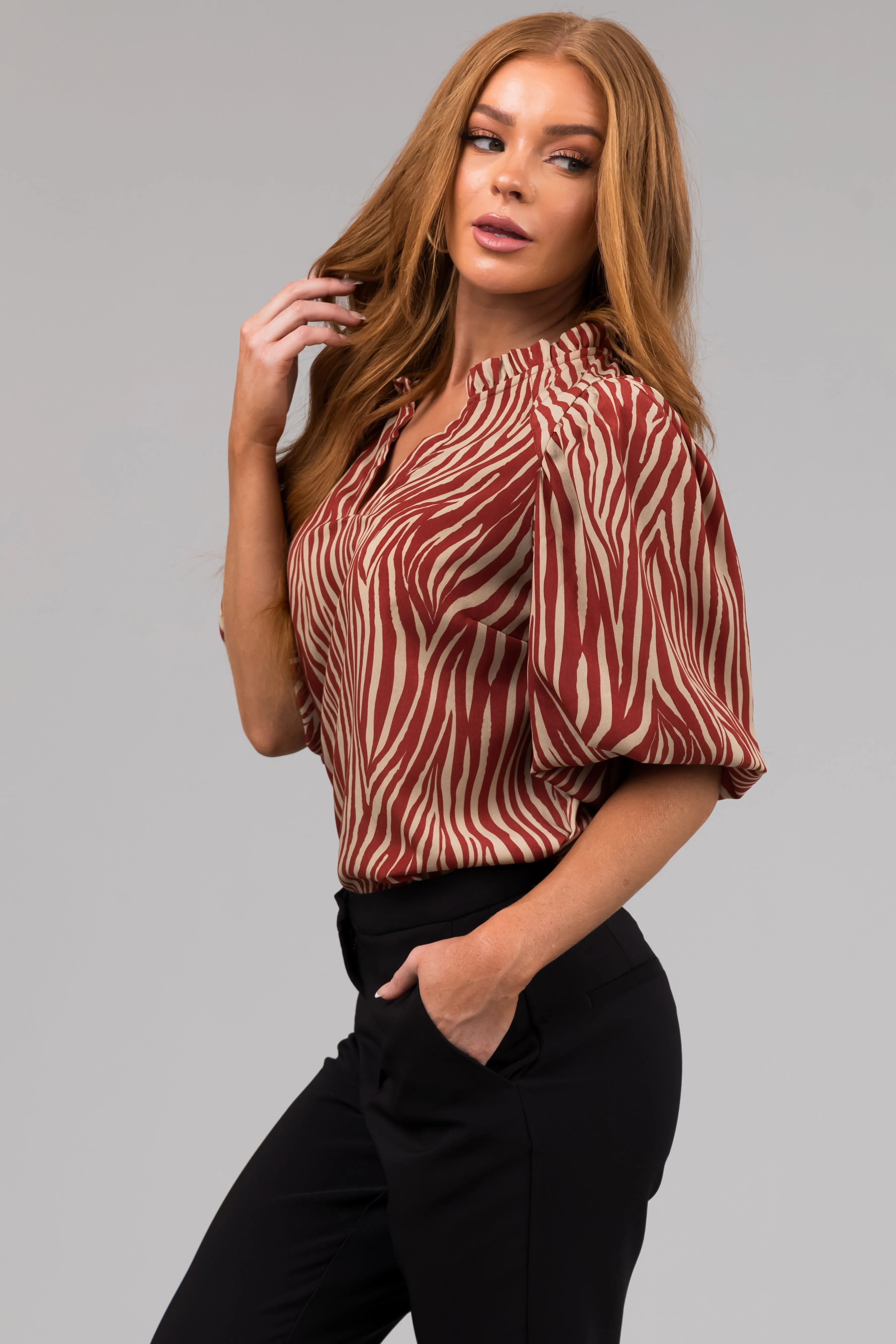 Burgundy and Taupe Zebra Print V Neck Top sold by Lime Lush product image thumbnail 5