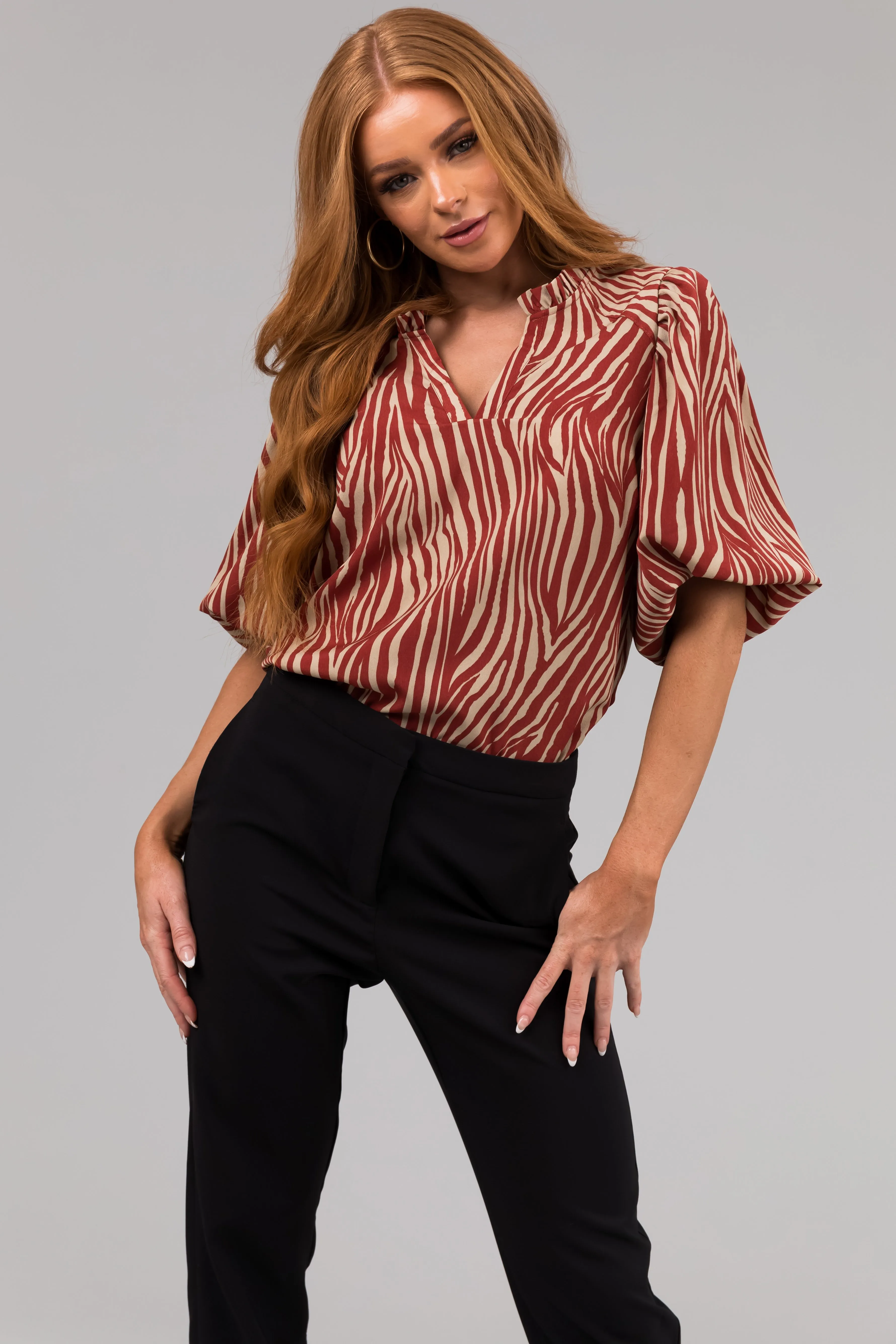 Burgundy and Taupe Zebra Print V Neck Top sold by Lime Lush product image thumbnail 2
